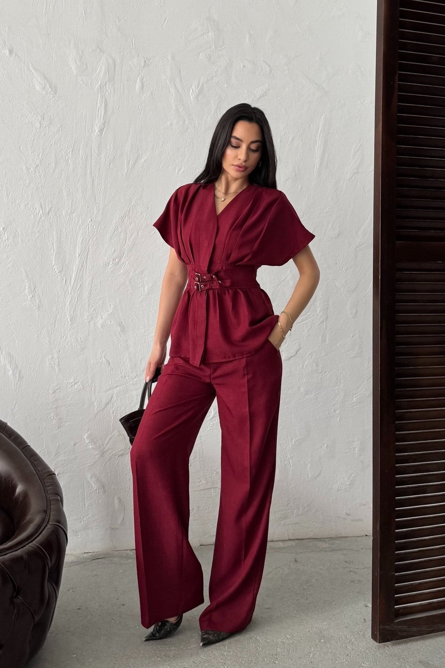 Wholesale Burgundy Linen Two-Piece Suit 0034-3156