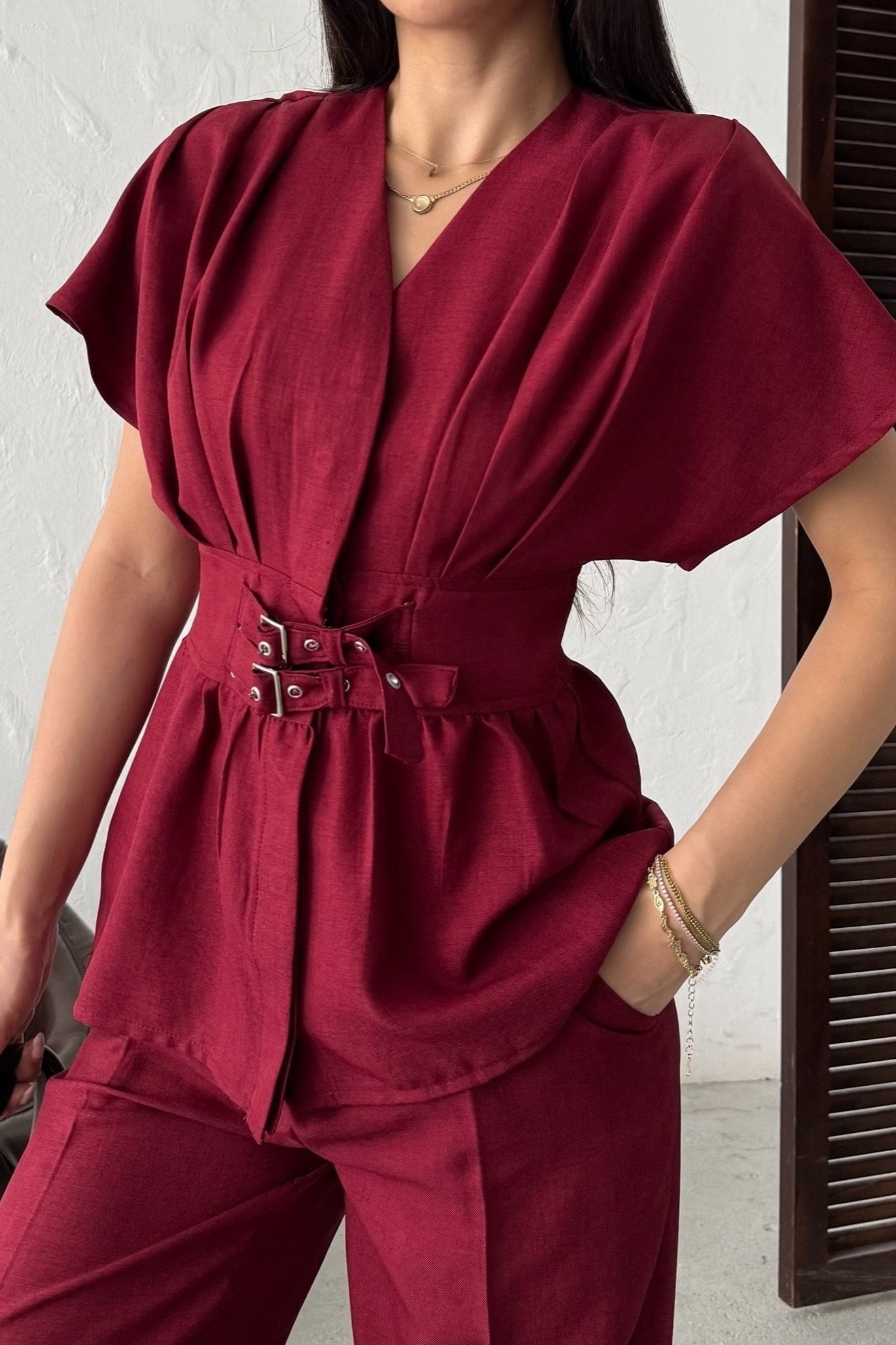 Wholesale Burgundy Linen Two-Piece Suit 0034-3156
