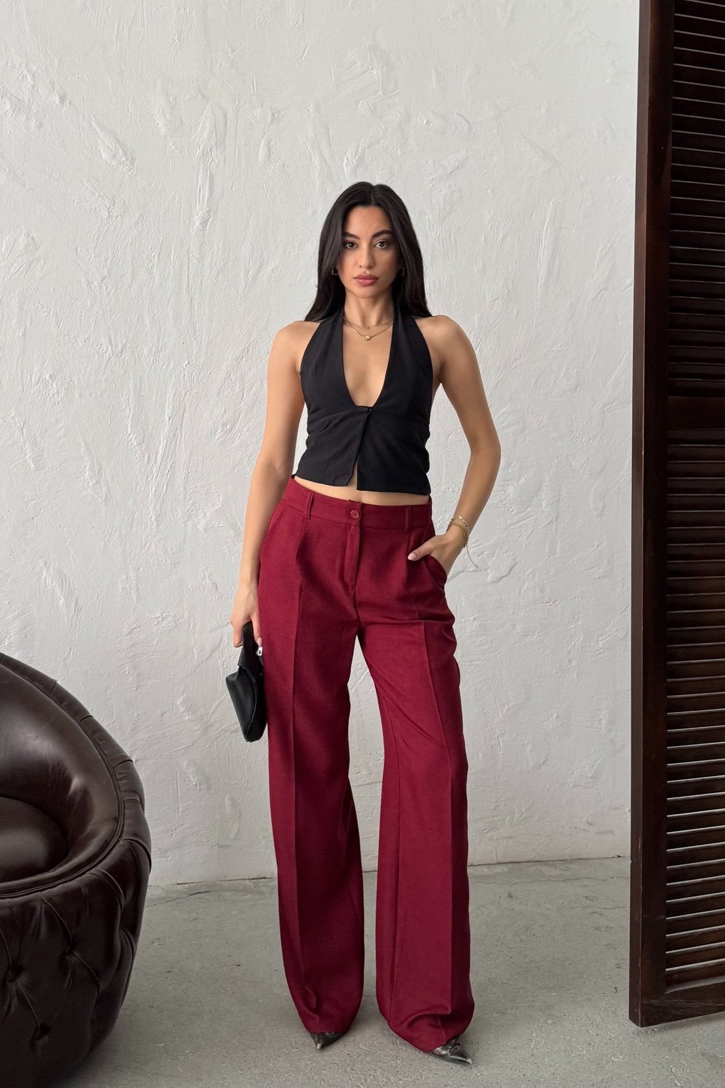 Wholesale Burgundy Linen Two-Piece Suit 0034-3156