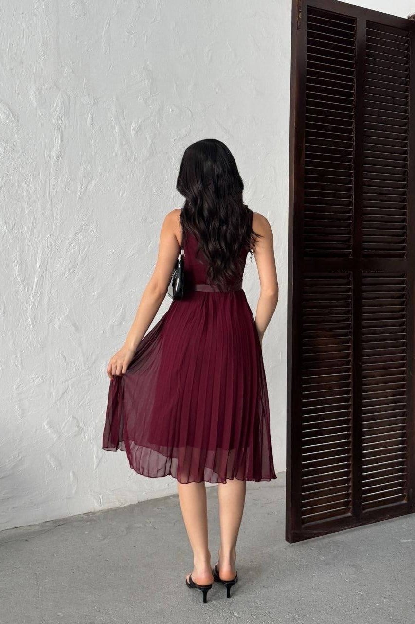 Wholesale Burgundy Pleated Chiffon Dress with Belt 0034-3139