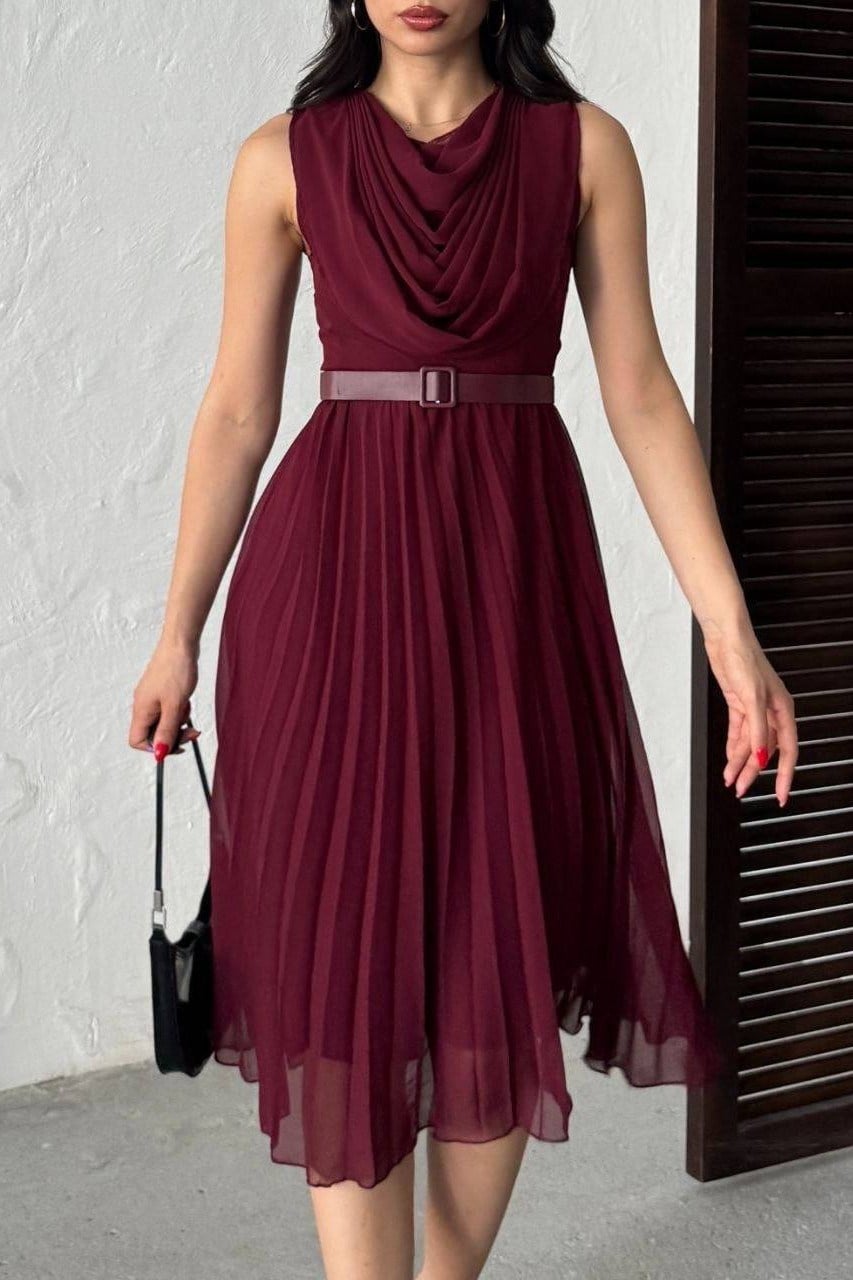 Wholesale Burgundy Pleated Chiffon Dress with Belt 0034-3139