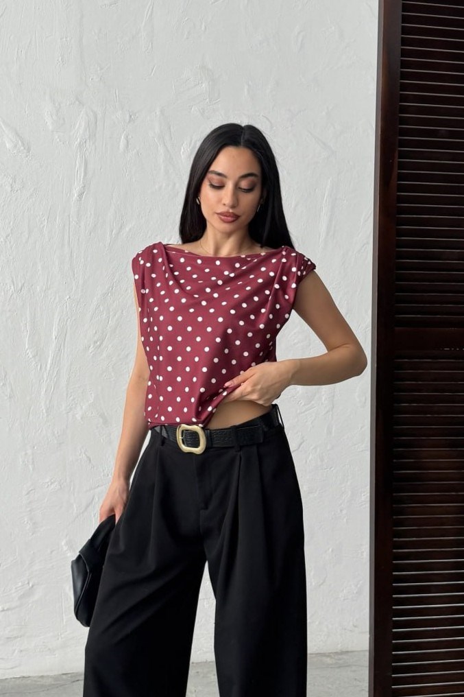 Wholesale Burgundy Polka Dot Blouse 0034-3140