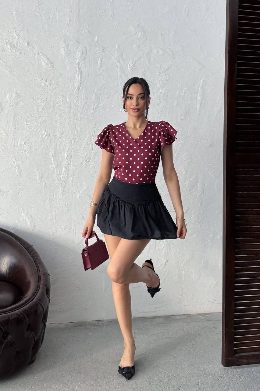 Wholesale Burgundy Polka Dot Puff Shoulder Blouse 0034-3142