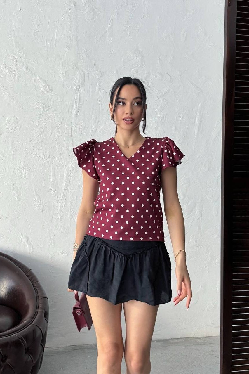 Wholesale Burgundy Polka Dot Puff Shoulder Blouse 0034-3142