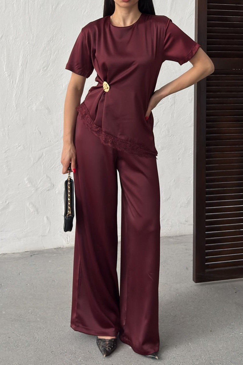Wholesale Burgundy Satin Two-Piece Set 0034-3144