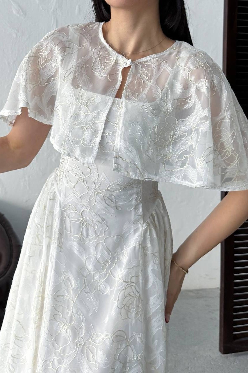 Wholesale Ecru Jacquard Organza Dress with Overlay 0034-3161