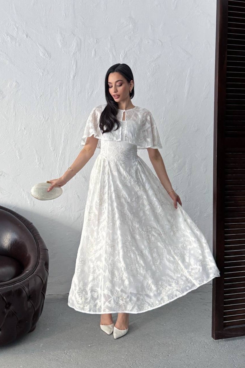 Wholesale Ecru Jacquard Organza Dress with Overlay 0034-3161