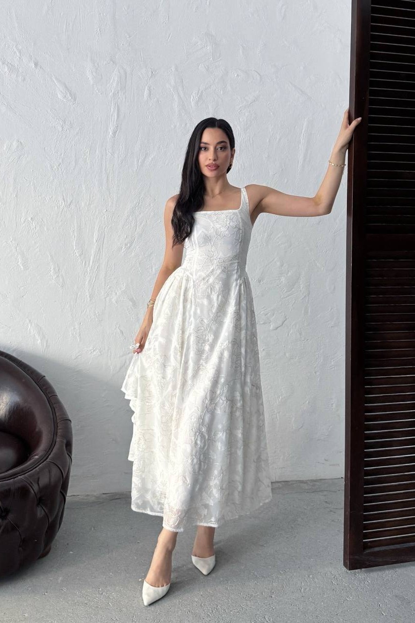 Wholesale Ecru Jacquard Organza Dress with Overlay 0034-3161