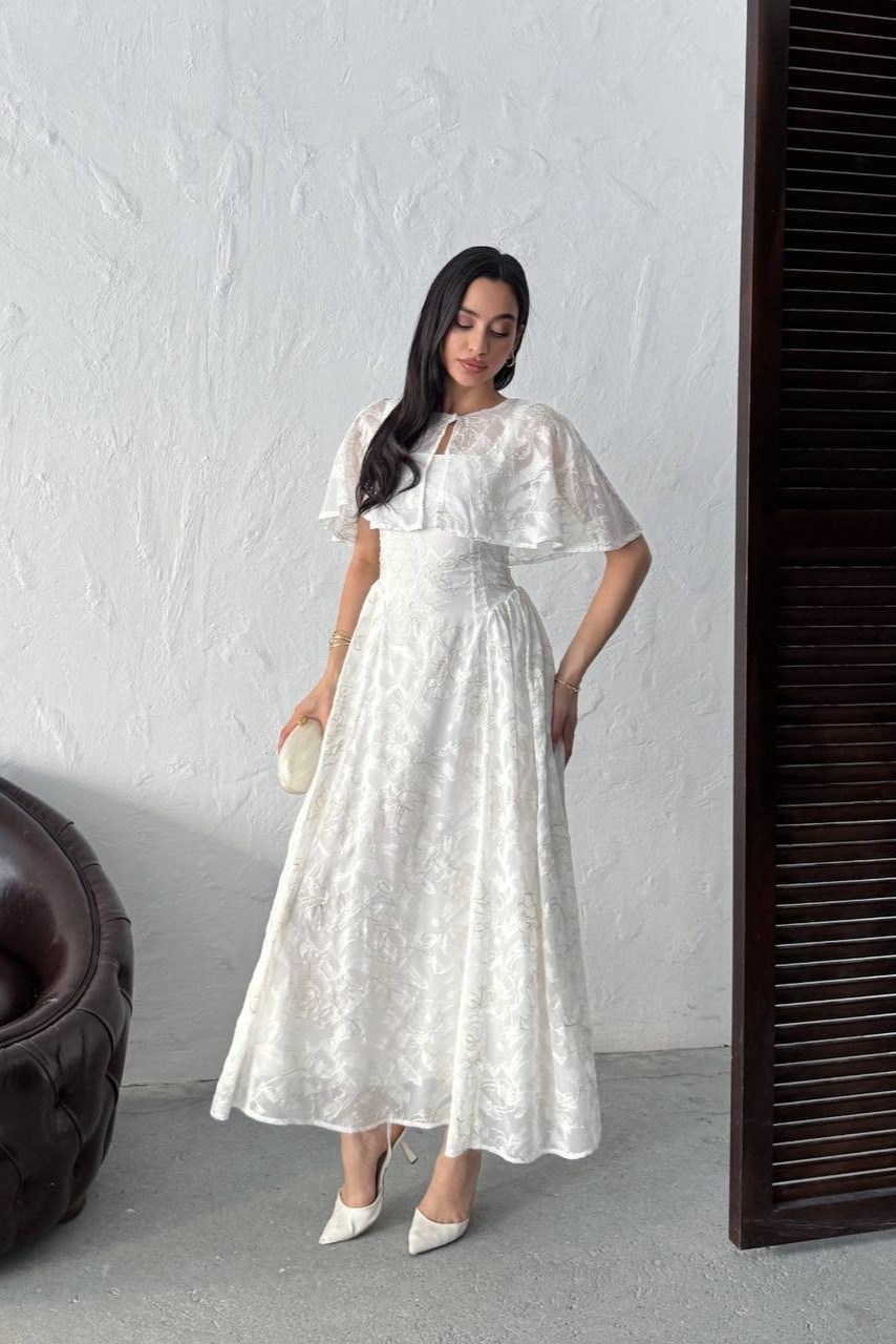 Wholesale Ecru Jacquard Organza Dress with Overlay 0034-3161