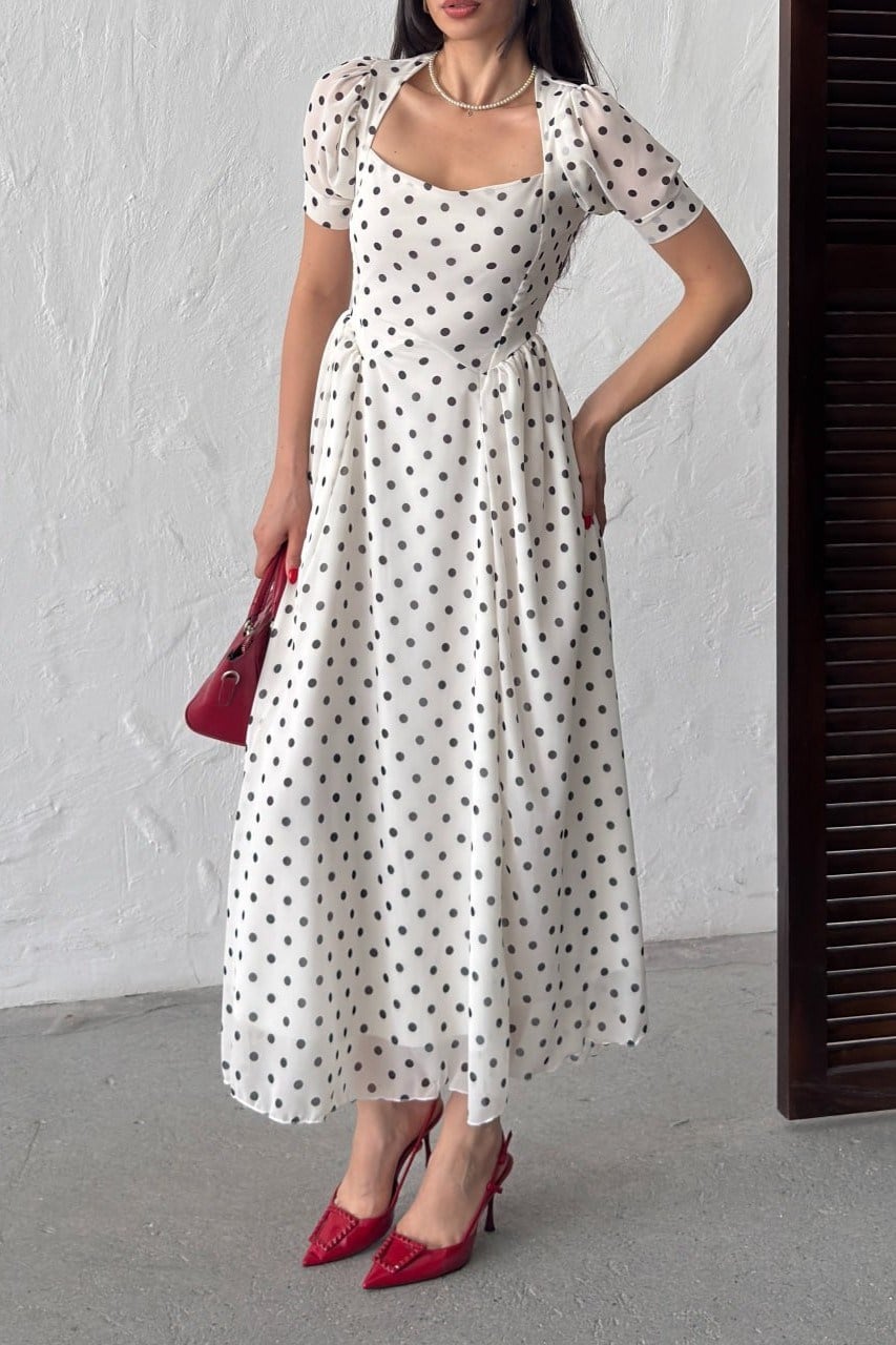 Wholesale Ecru Polka Dot Chiffon Dress 0034-3164
