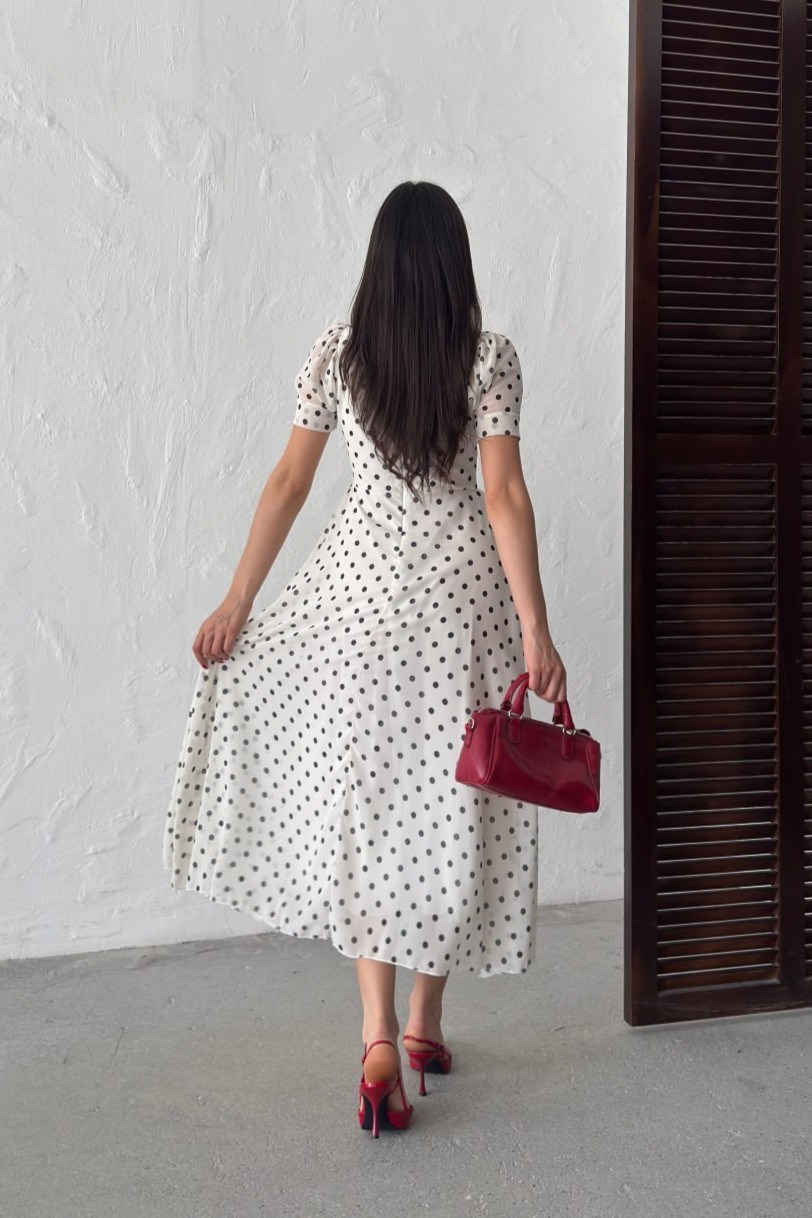 Wholesale Ecru Polka Dot Chiffon Dress 0034-3164