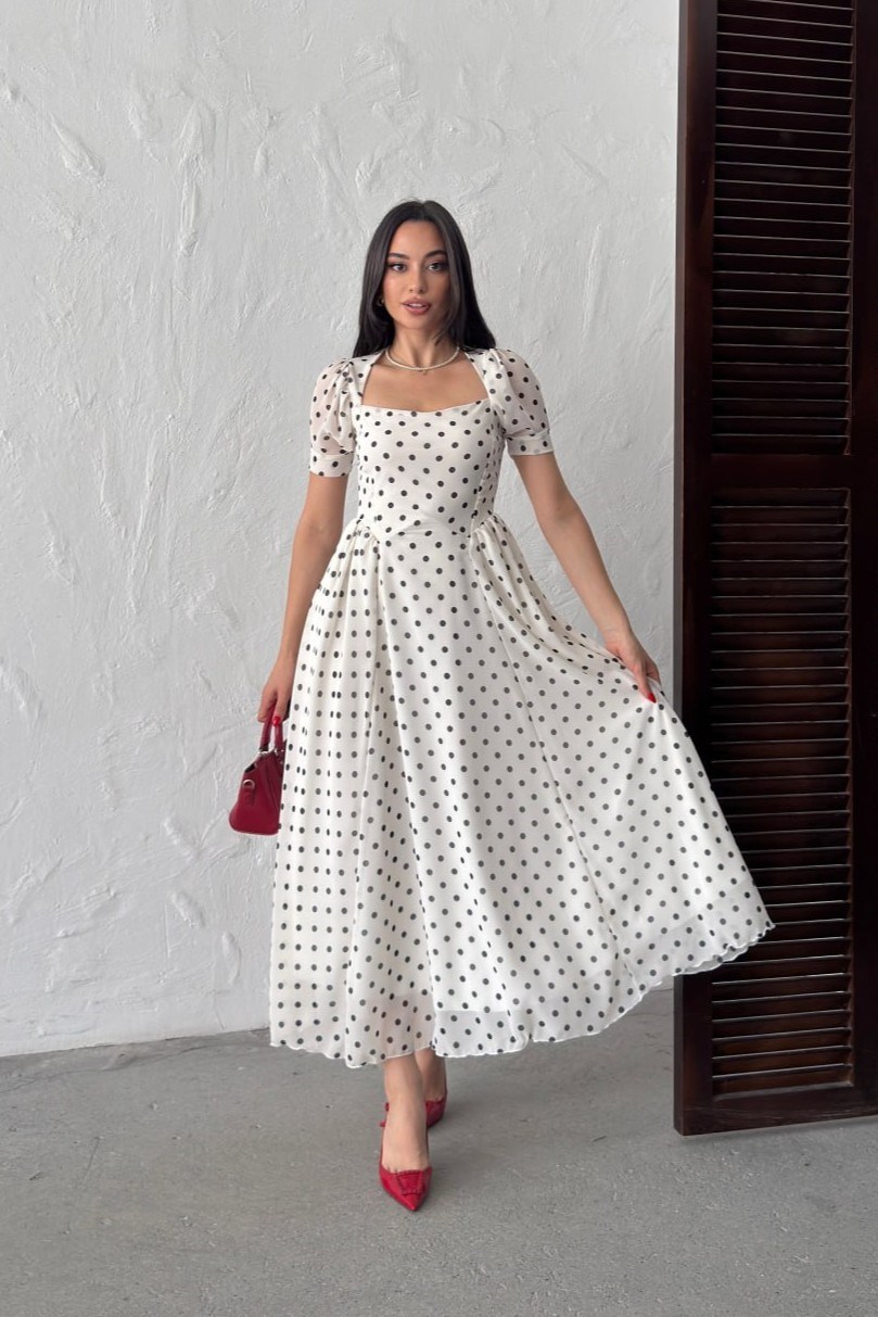 Wholesale Ecru Polka Dot Chiffon Dress 0034-3164