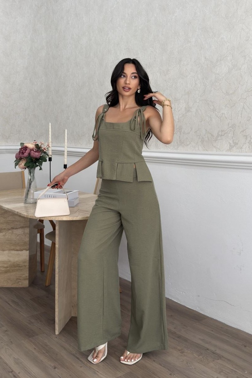 Wholesale Khaki Linen Two-Piece Set 0034-3171