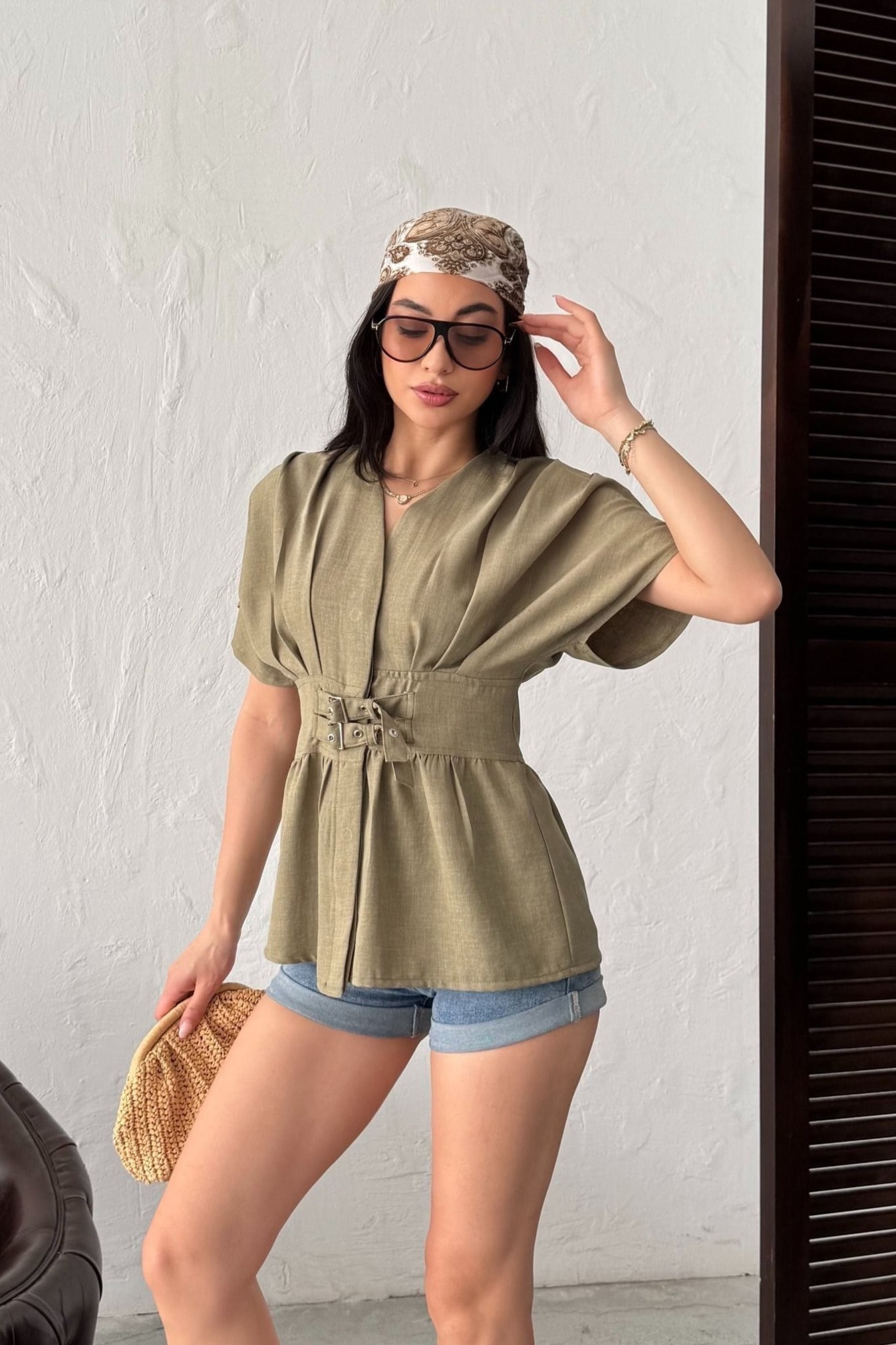 Wholesale Khaki Linen Two-Piece Suit 0034-3156