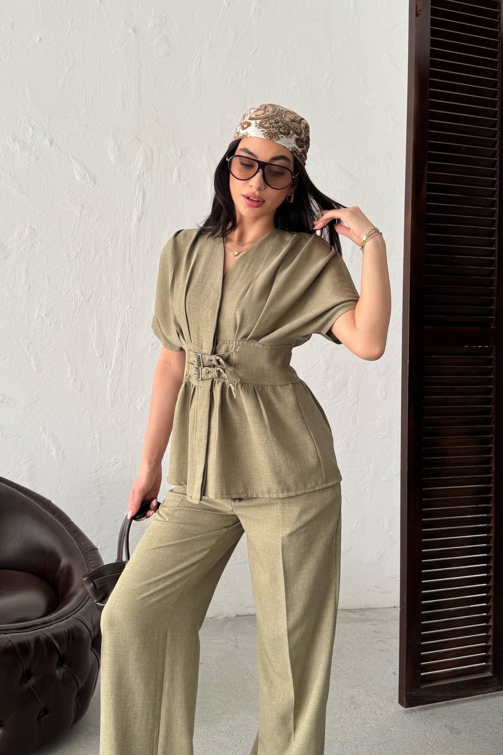 Wholesale Khaki Linen Two-Piece Suit 0034-3156