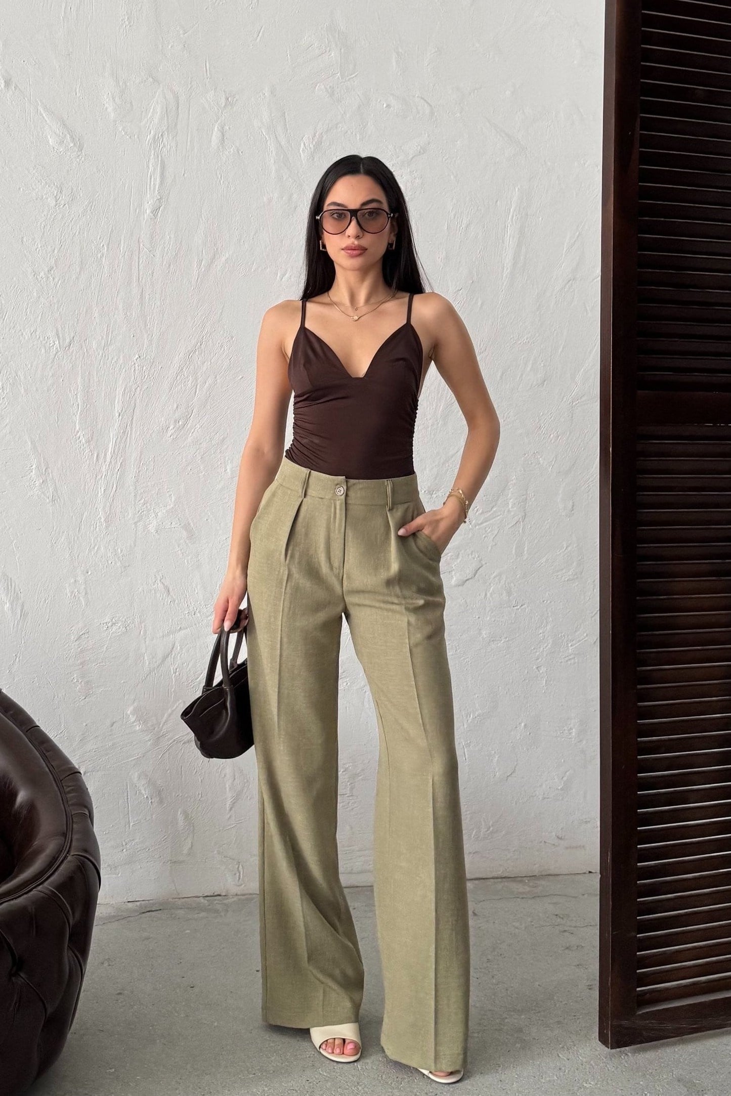 Wholesale Khaki Linen Two-Piece Suit 0034-3156