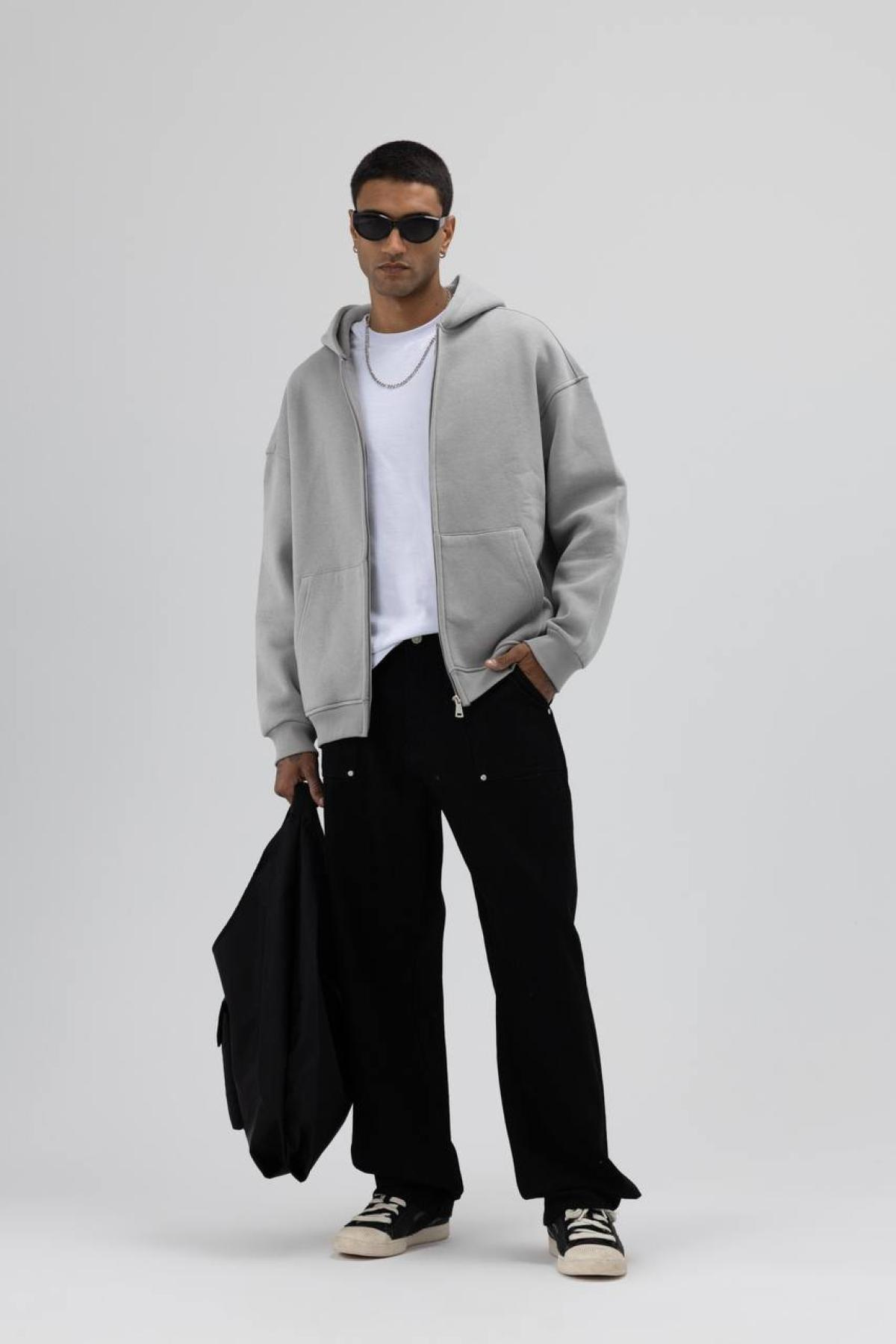 Wholesale Men Gray Zip-Up Hoodie 739109