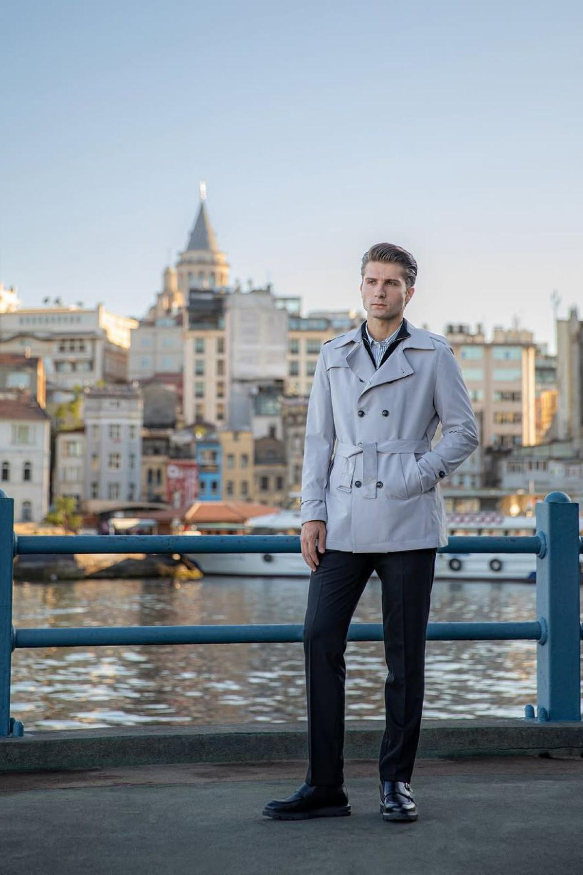 Wholesale Men Light Gray Trench Coat 738169