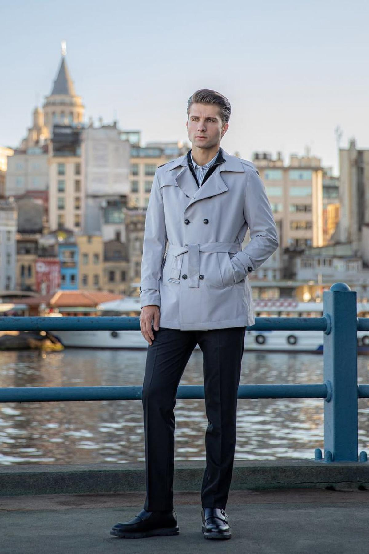 Wholesale Men Light Gray Trench Coat 738169