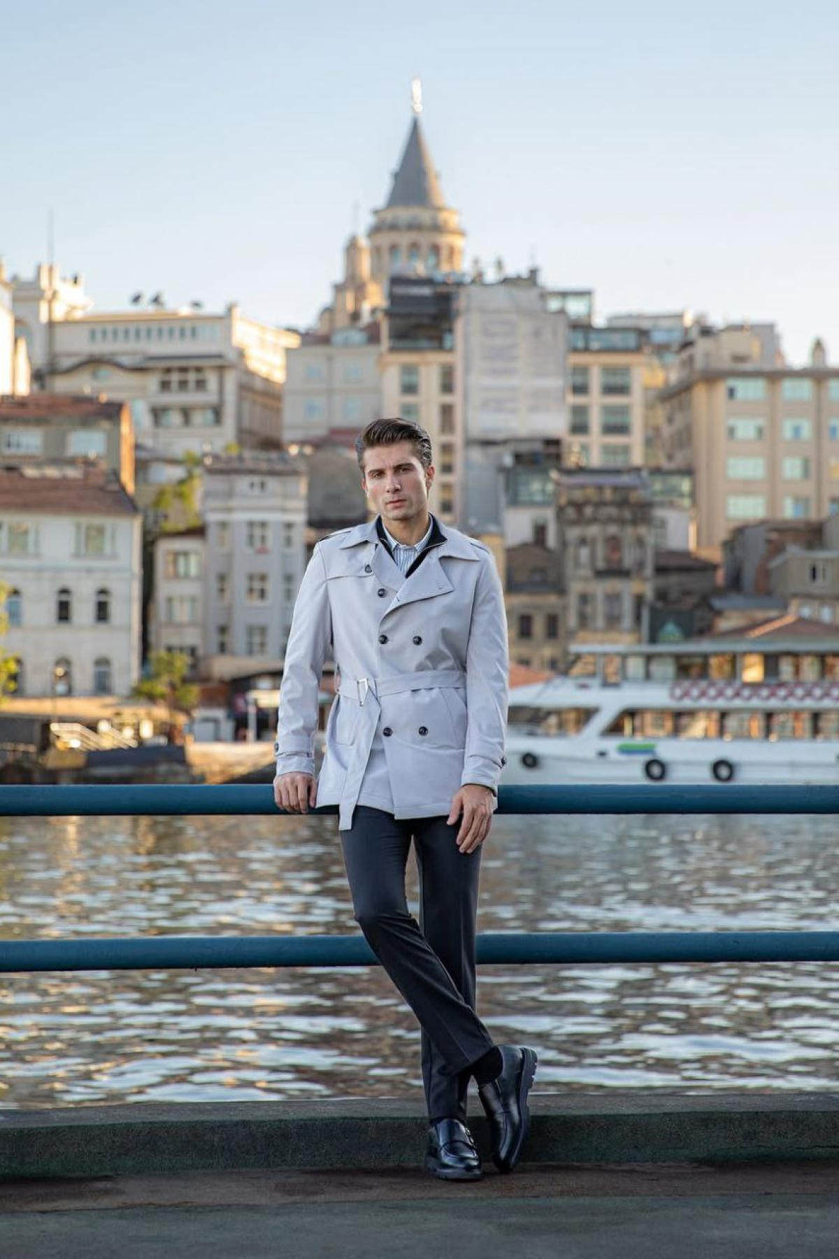 Wholesale Men Light Gray Trench Coat 738169