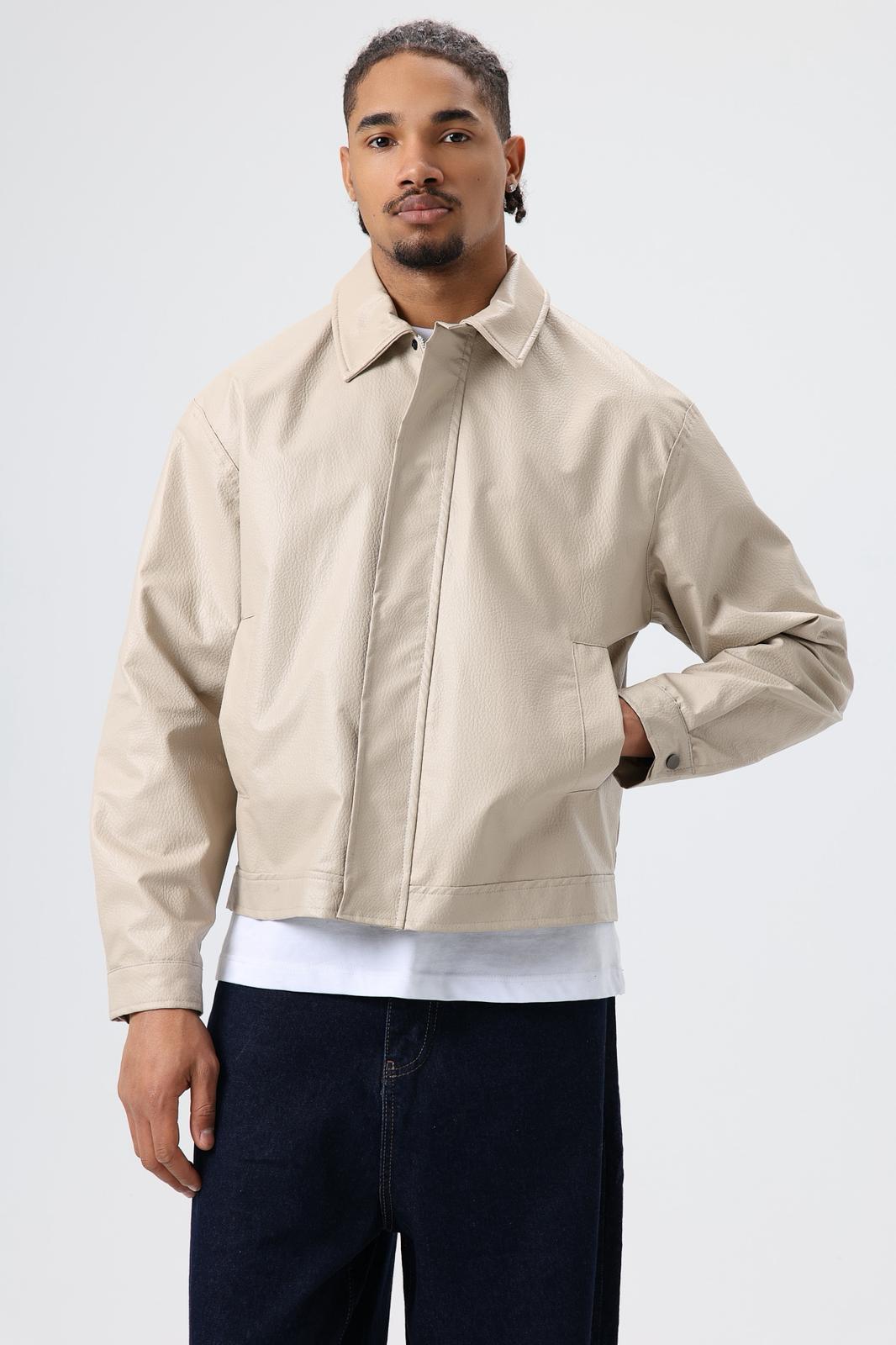 Wholesale Men's Beige Leather Jacket 1605W26-E1007