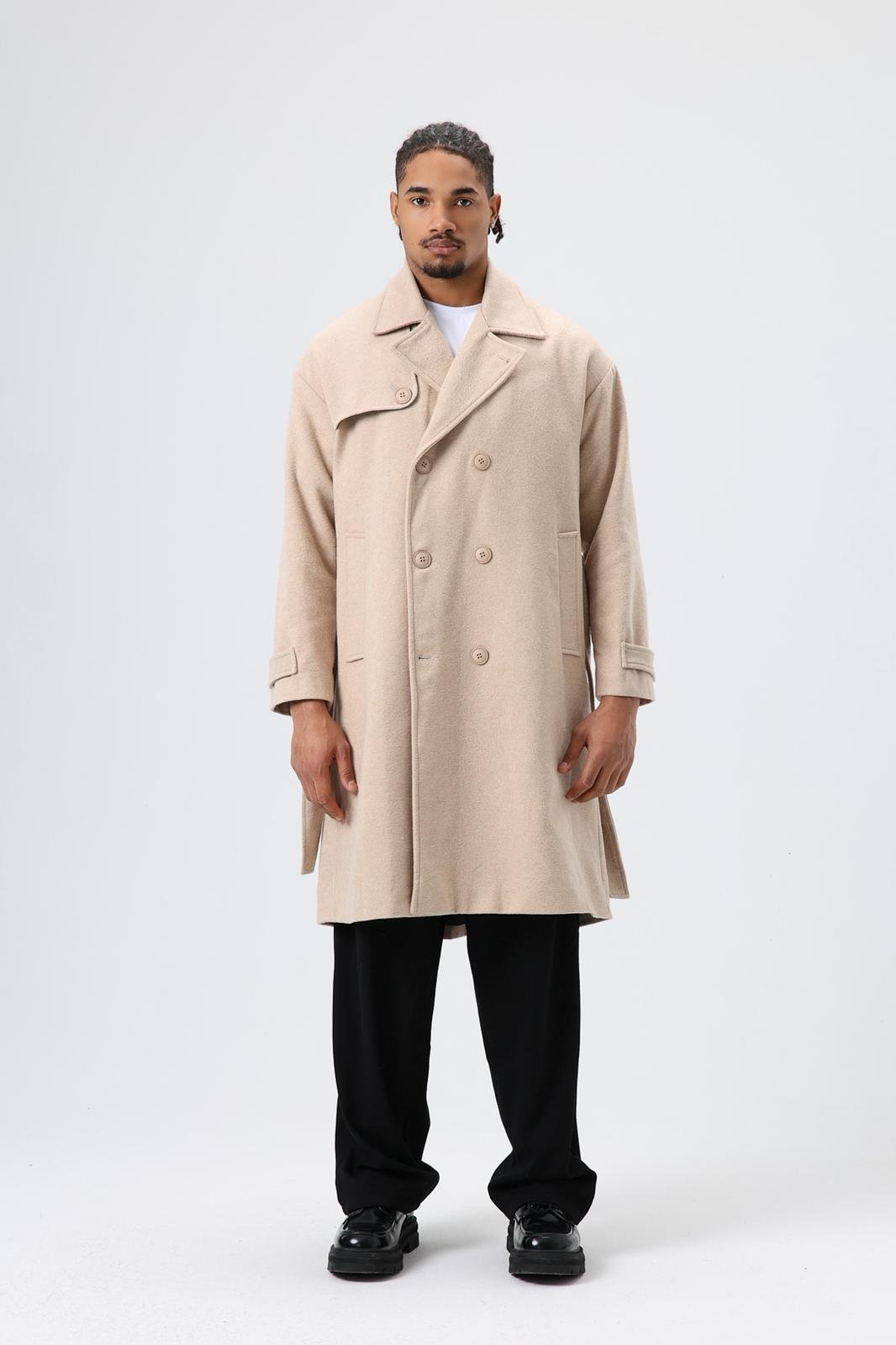 Wholesale Men's Beige Long Coat With Belt 1605W26-E1002