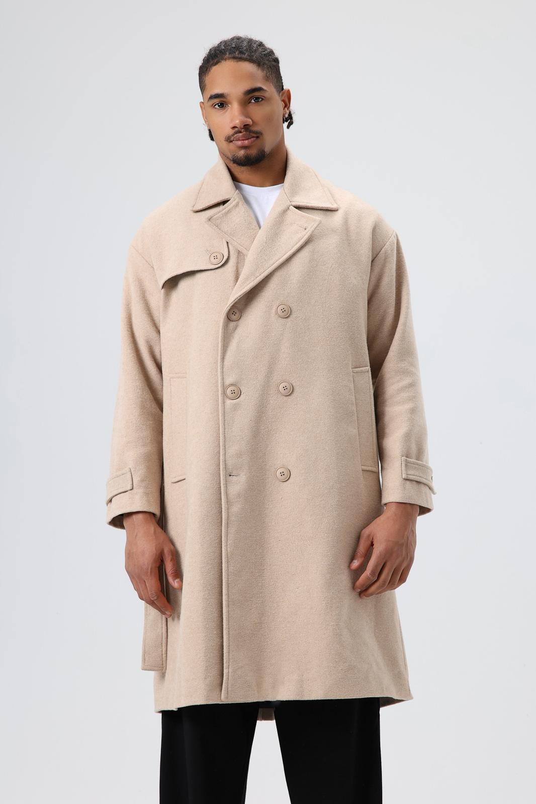 Wholesale Men's Beige Long Coat With Belt 1605W26-E1002