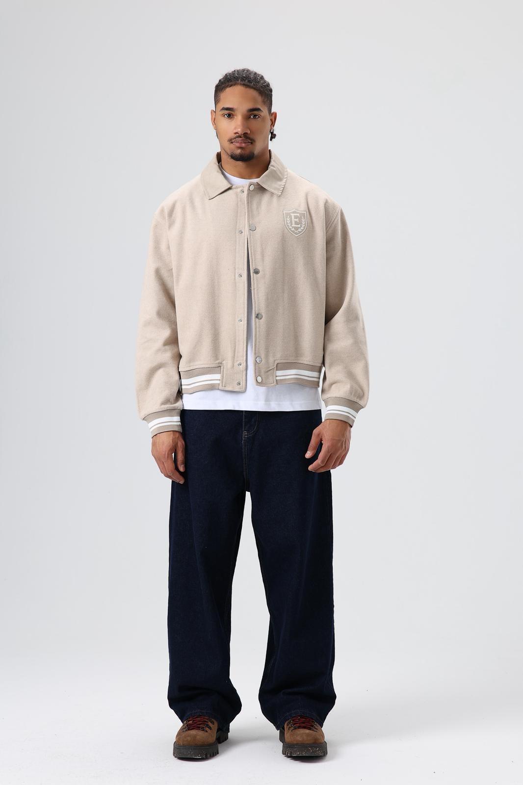 Wholesale Men's Beige Snap-Up Varsity Jacket 1605W26-E1004