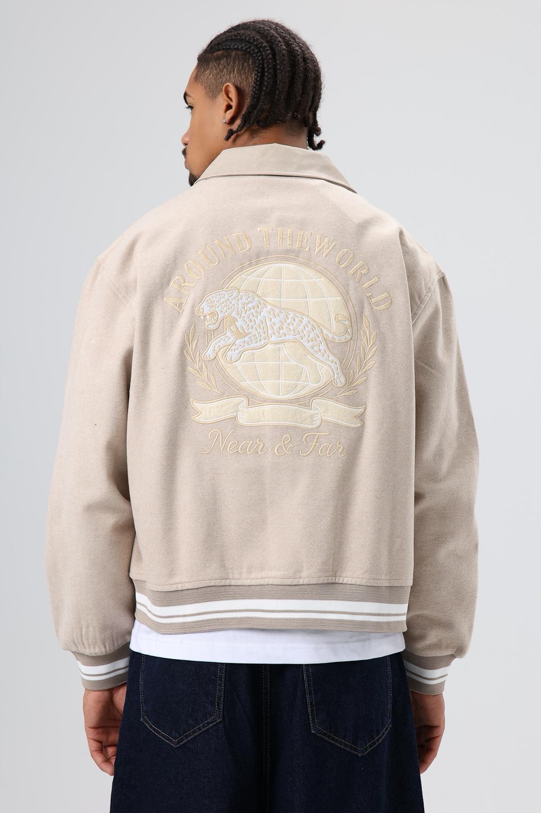 Wholesale Men's Beige Snap-Up Varsity Jacket 1605W26-E1004