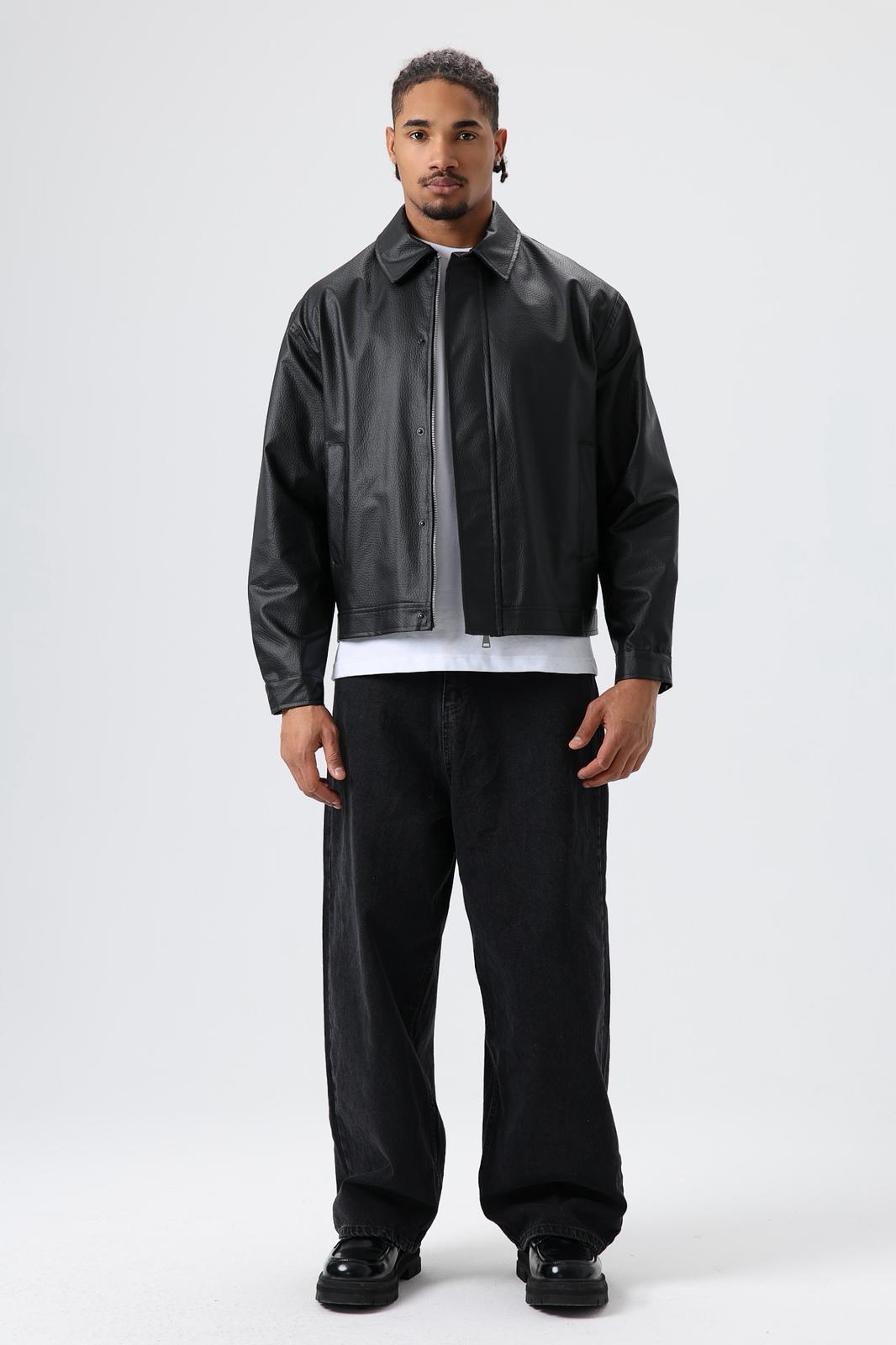 Wholesale Men's Black Leather Jacket 1605W26-E1007