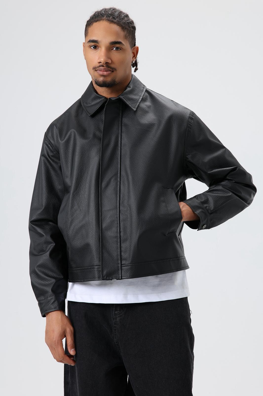 Wholesale Men's Black Leather Jacket 1605W26-E1007