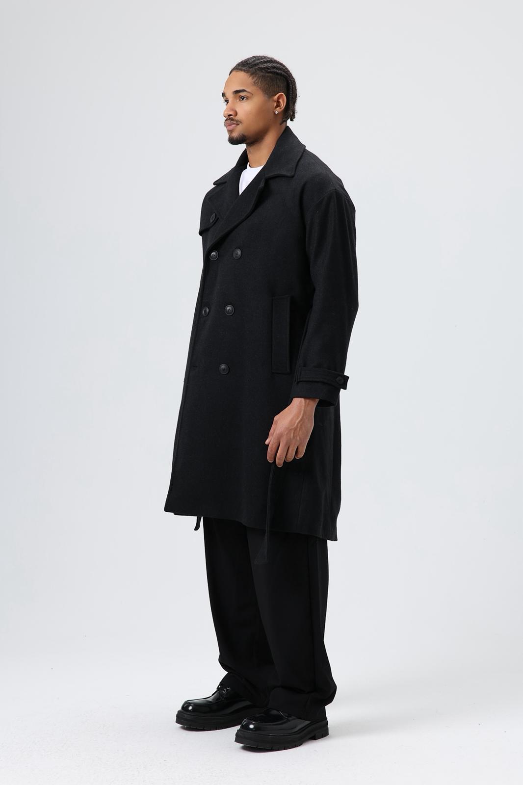 Wholesale Men's Black Long Coat With Belt 1605W26-E1002