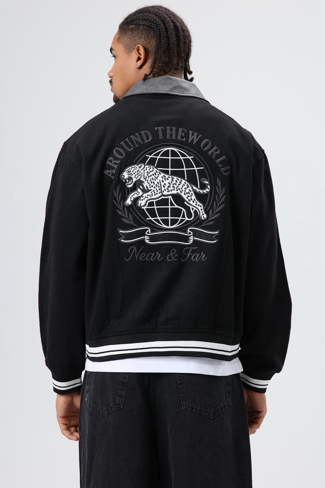 Wholesale Men's Black Snap-Up Varsity Jacket 1605W26-E1004