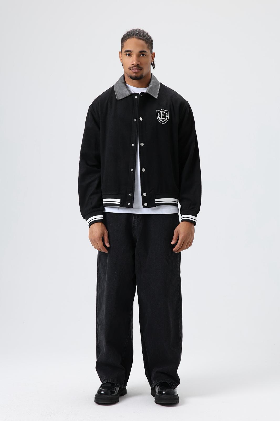 Wholesale Men's Black Snap-Up Varsity Jacket 1605W26-E1004