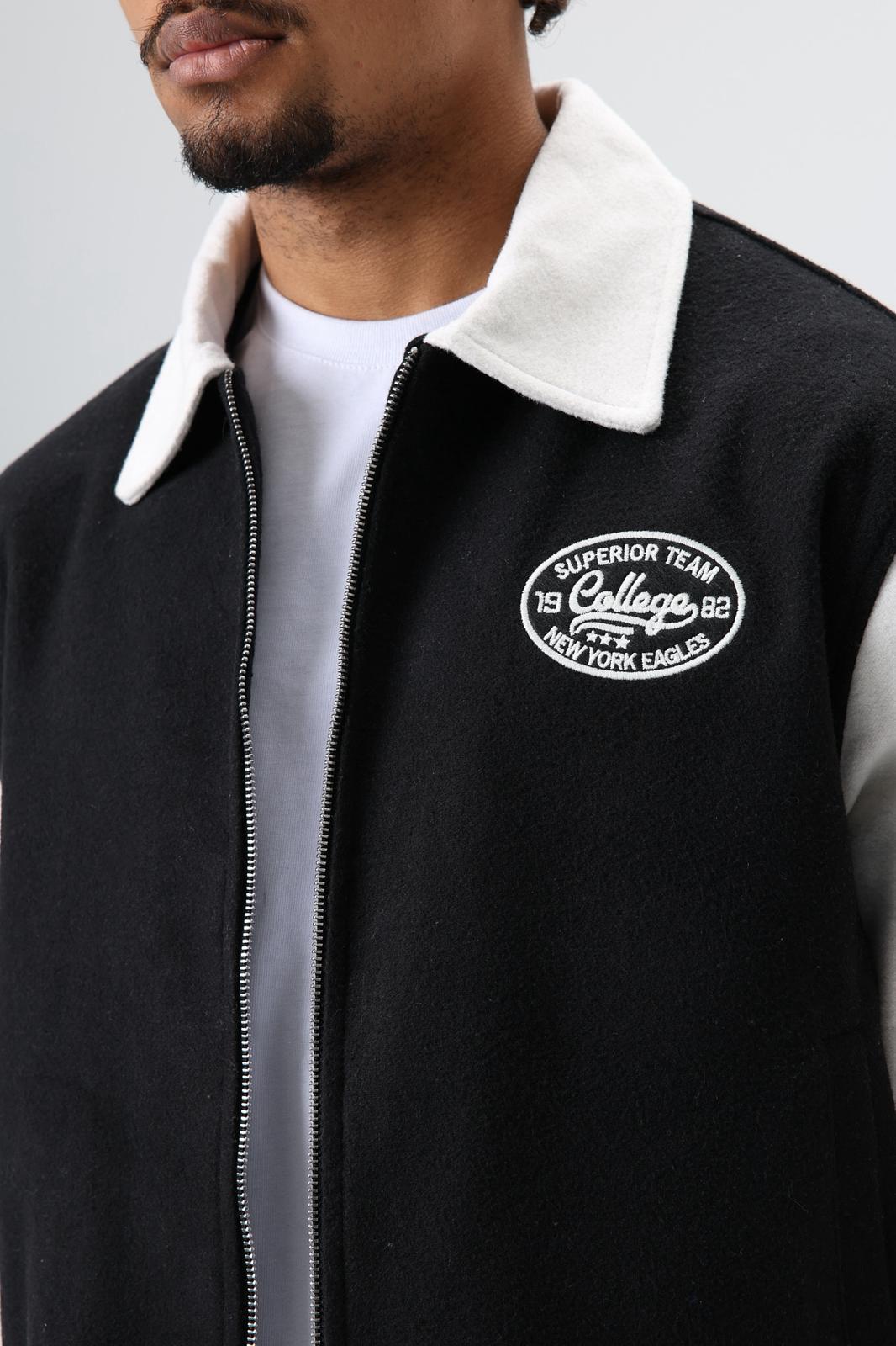 Wholesale Men's Black Zip-Up Varsity Jacket 1605W26-E1005