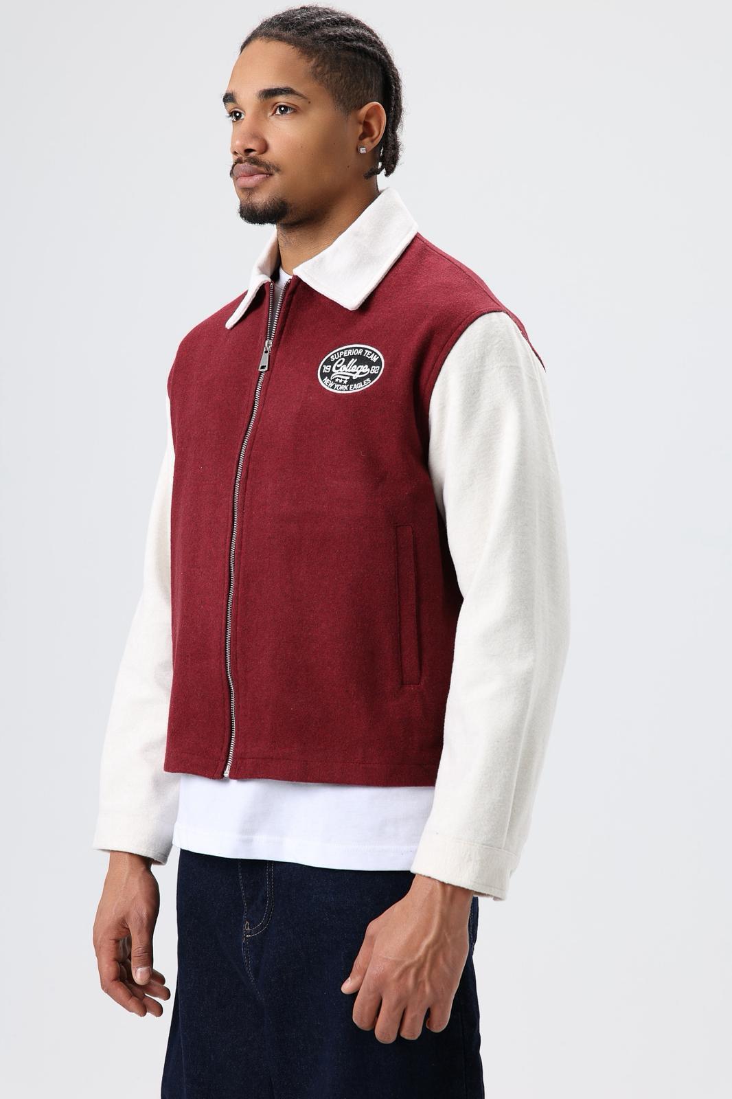 Wholesale Men's Bordeaux Zip-Up Varsity Jacket 1605W26-E1005