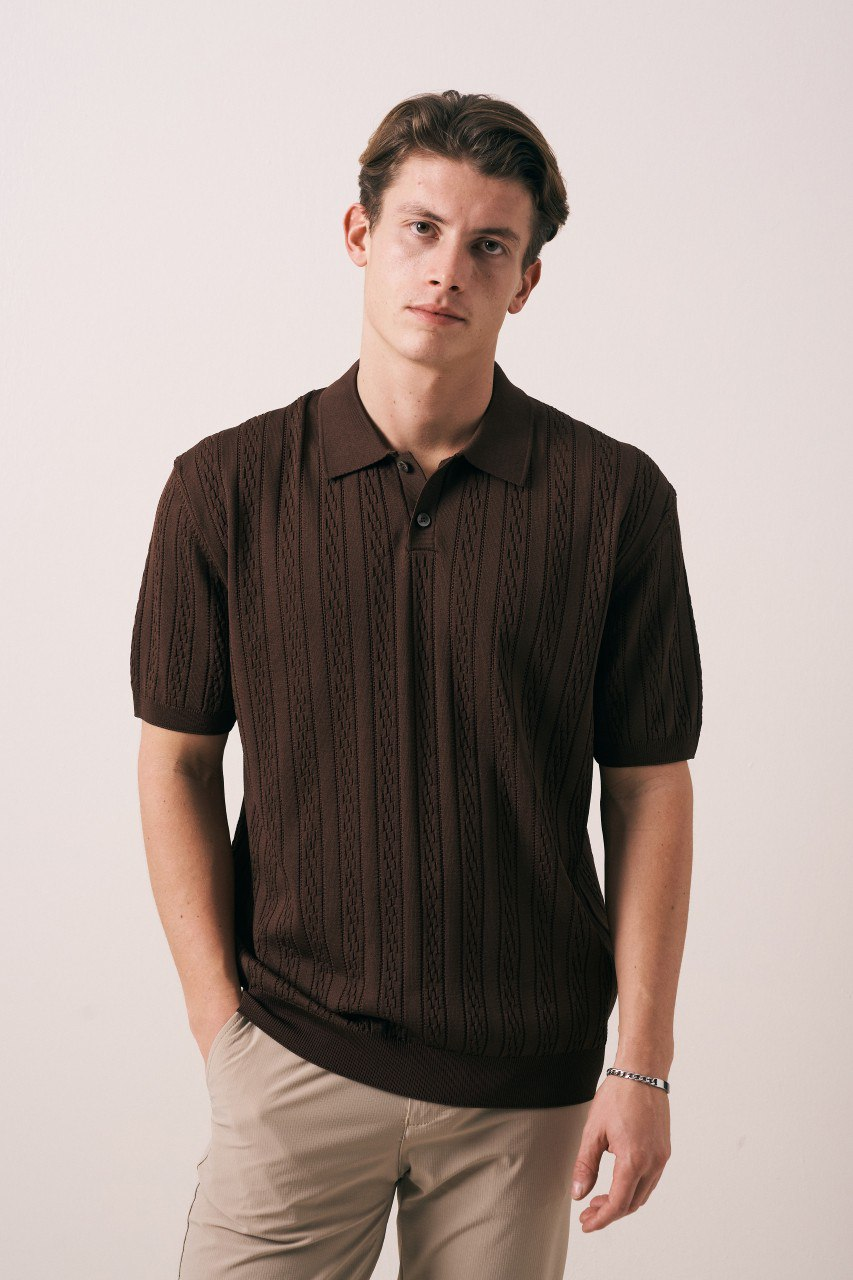 Wholesale Men's Brown Knit Polo Shirt 1609W26-33285 