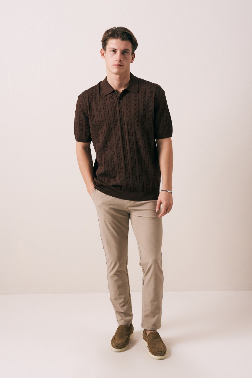 Wholesale Men's Brown Knit Polo Shirt 1609W26-33285 