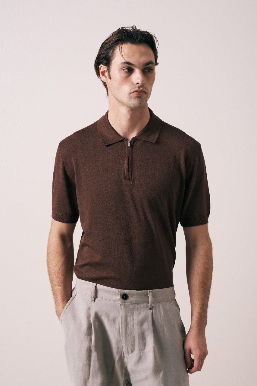 Wholesale Men's Brown Knit Polo Shirt 1609W26-66590 