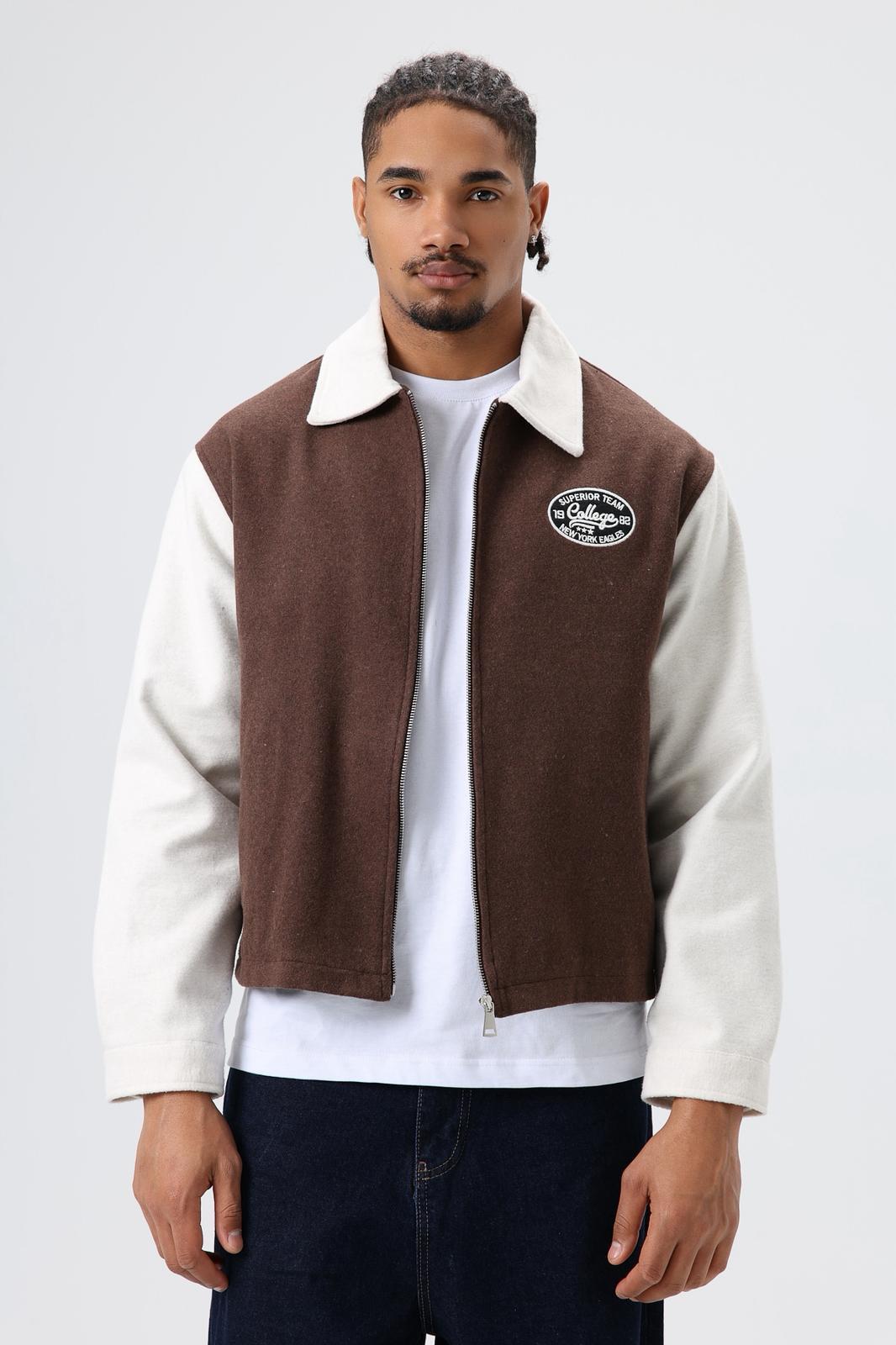 Wholesale Men's Brown Zip-Up Varsity Jacket 1605W26-E1005