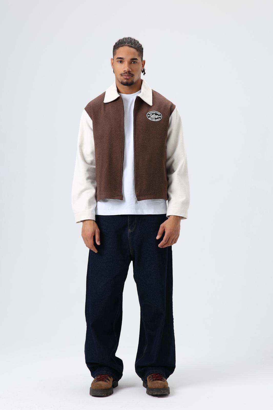 Wholesale Men's Brown Zip-Up Varsity Jacket 1605W26-E1005