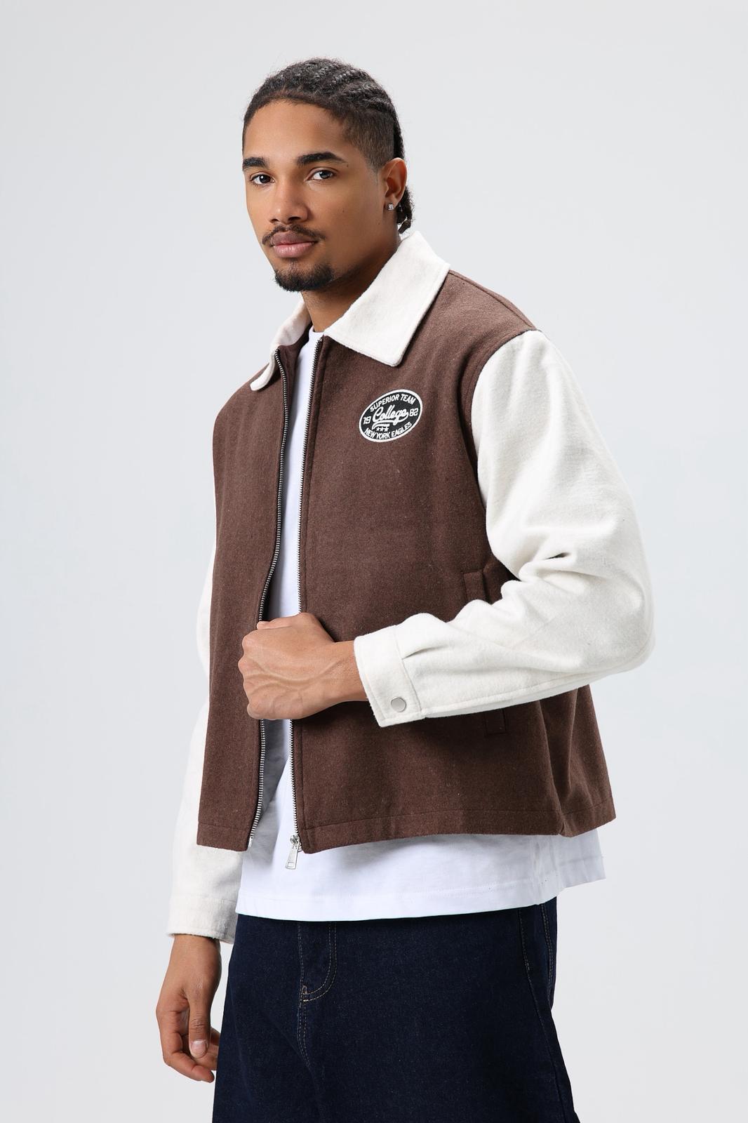 Wholesale Men's Brown Zip-Up Varsity Jacket 1605W26-E1005
