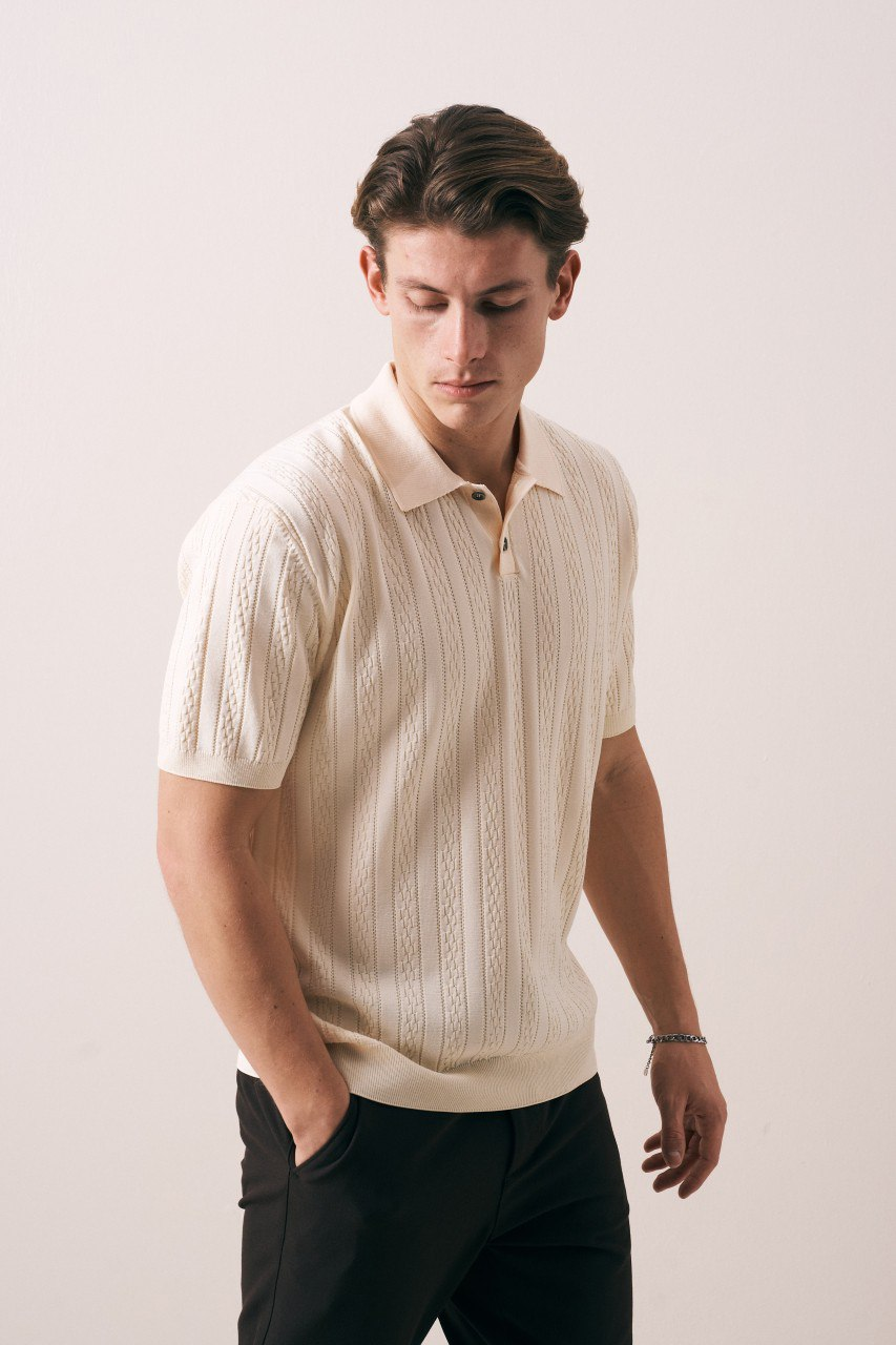 Wholesale Men's Cream Knit Polo Shirt 1609W26-33285 