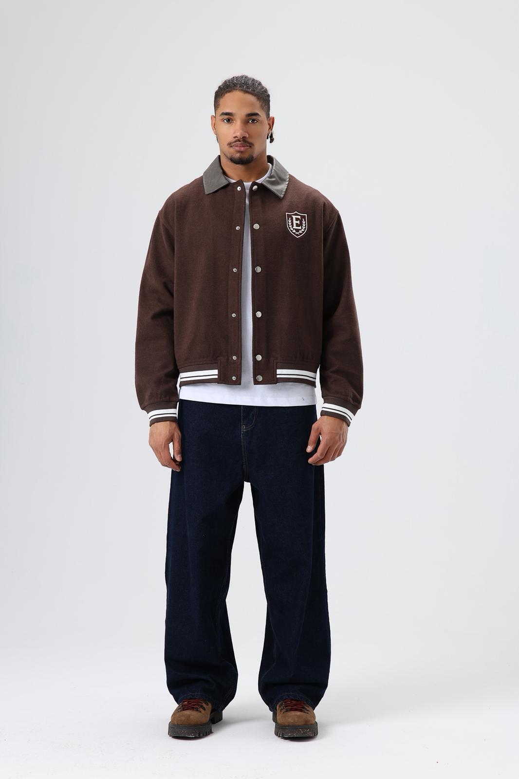 Wholesale Men's Dark Brown Snap-Up Varsity Jacket 1605W26-E1004