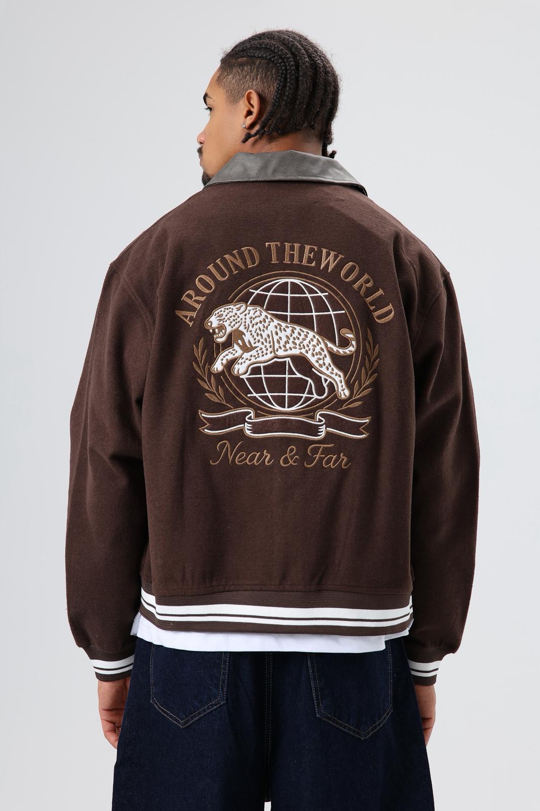 Wholesale Men's Dark Brown Snap-Up Varsity Jacket 1605W26-E1004