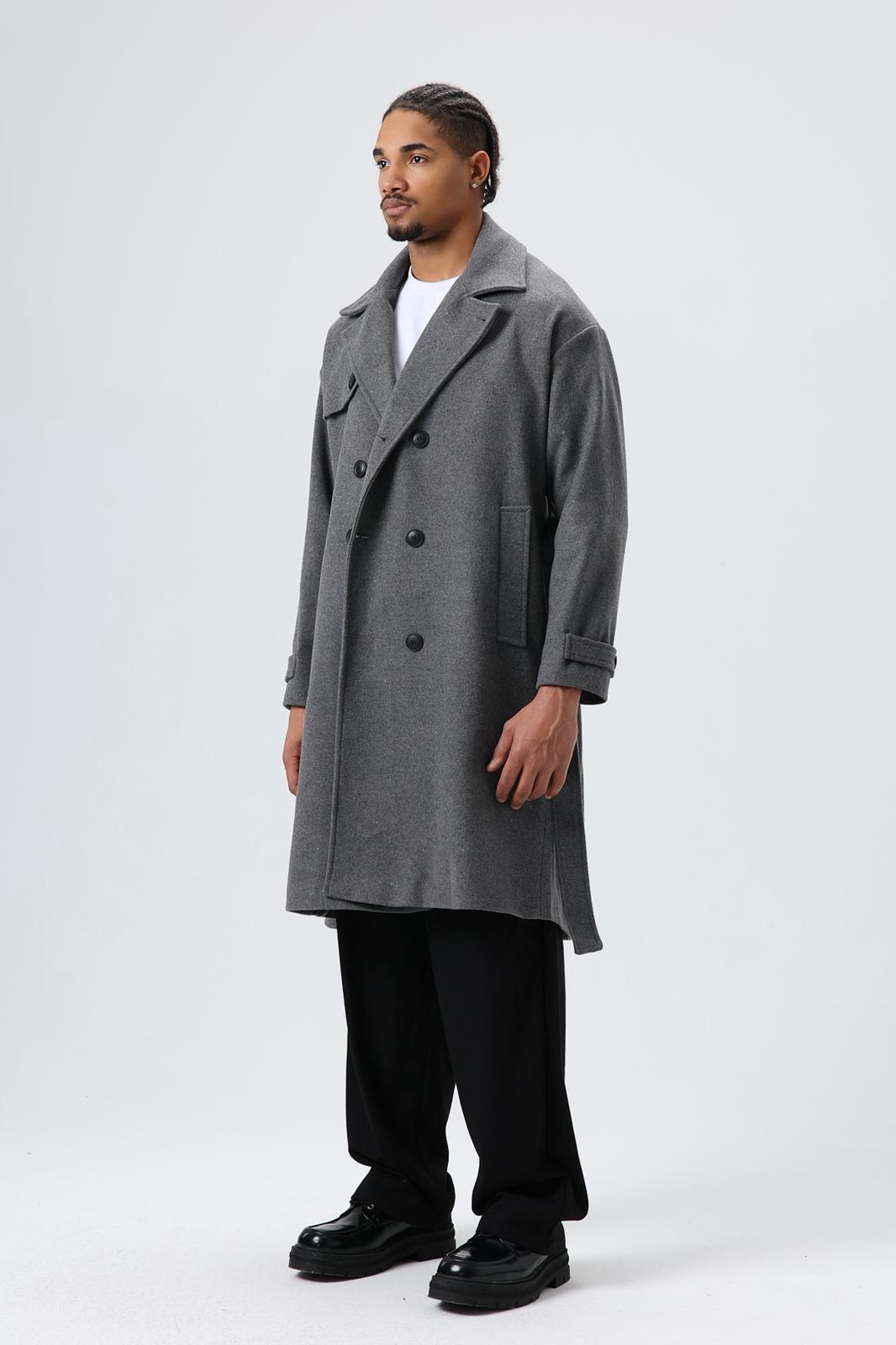 Wholesale Men's Gray Long Coat With Belt 1605W26-E1002