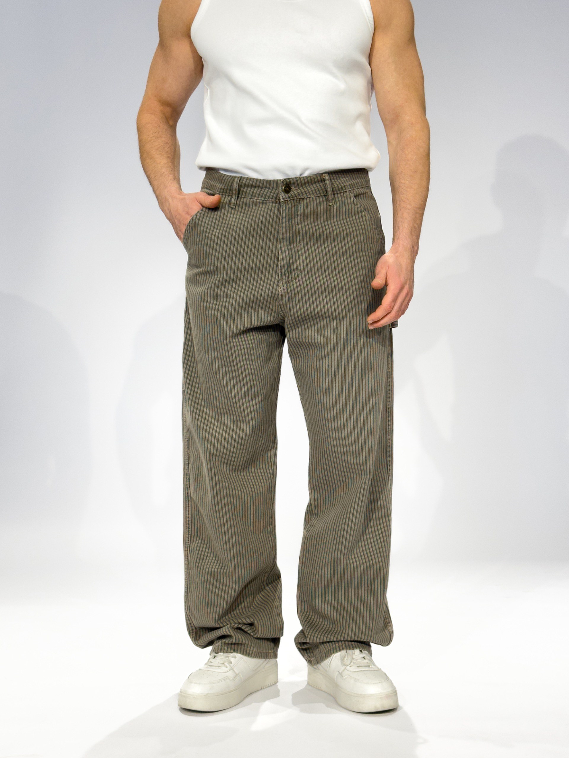 Wholesale Men's Khaki Striped Baggy Jeans 1503W26-6581-3