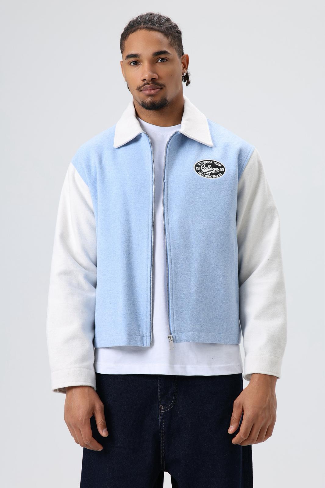 Wholesale Men's Light Blue Zip-Up Varsity Jacket 1605W26-E1005