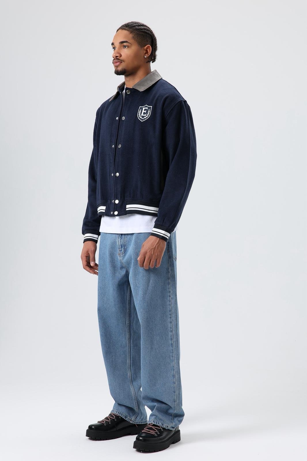 Wholesale Men's Navy Snap-Up Varsity Jacket 1605W26-E1004