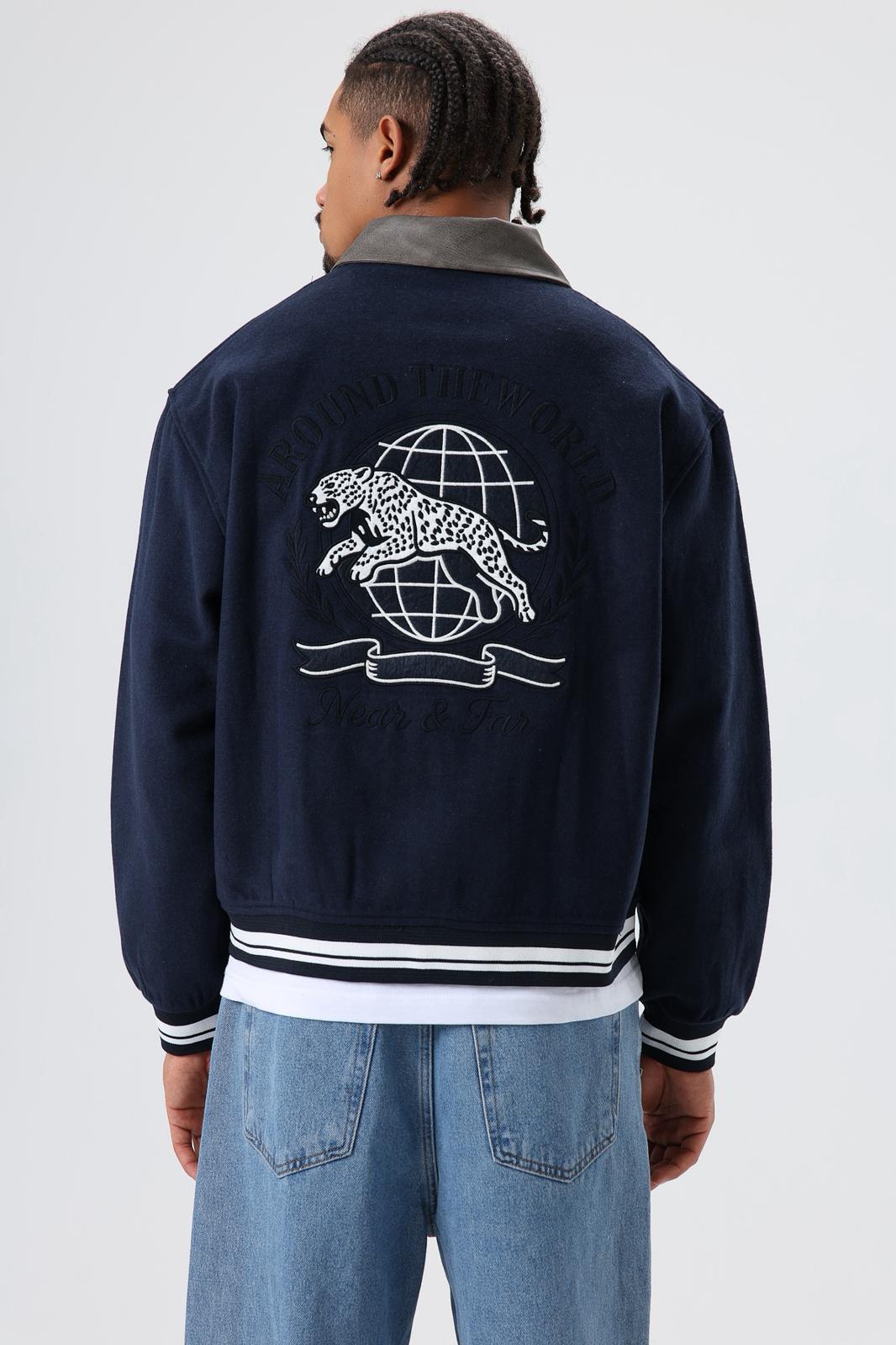 Wholesale Men's Navy Snap-Up Varsity Jacket 1605W26-E1004